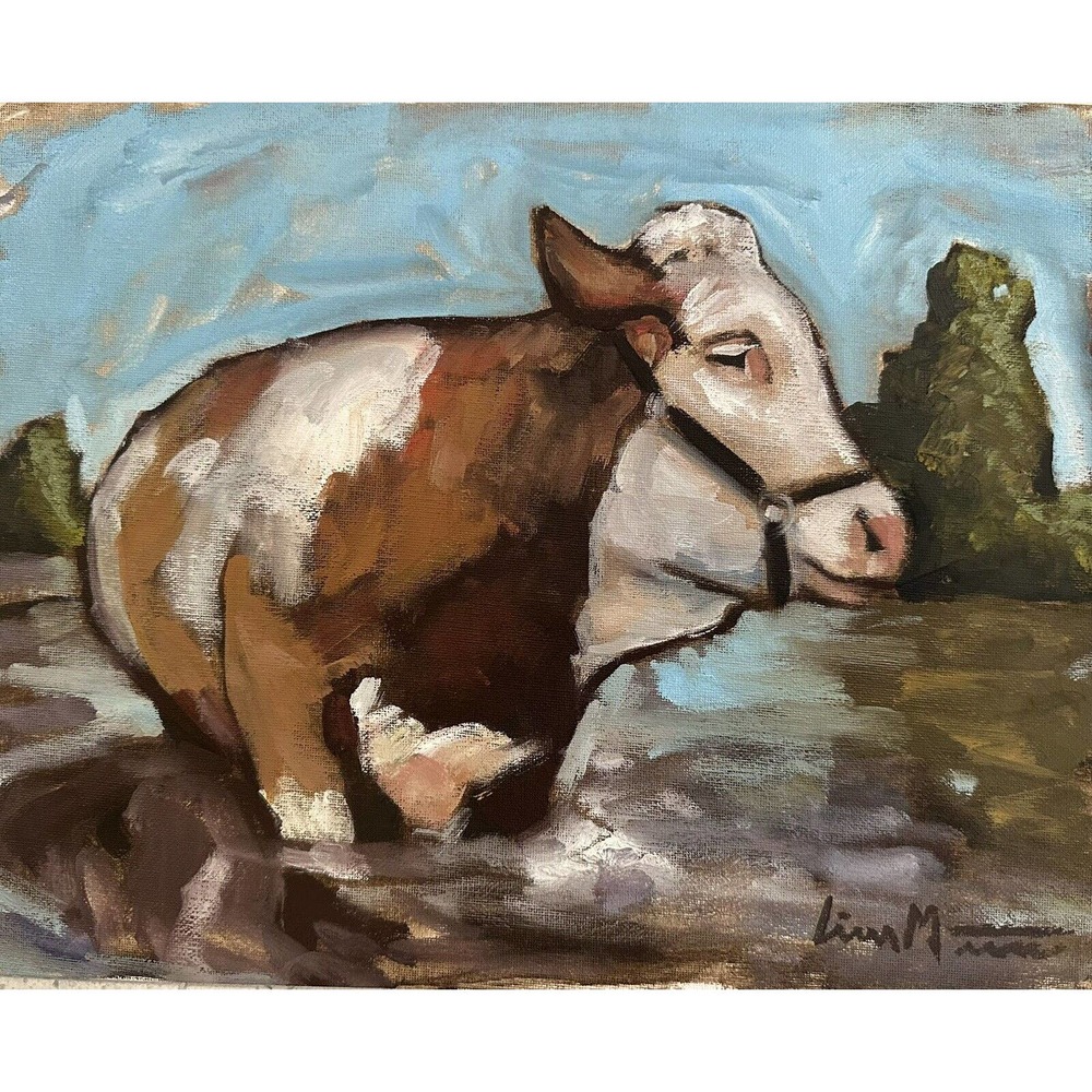 original impressionist painting Cow Farm Signed Liam Matthew 11x14 Cottagecore